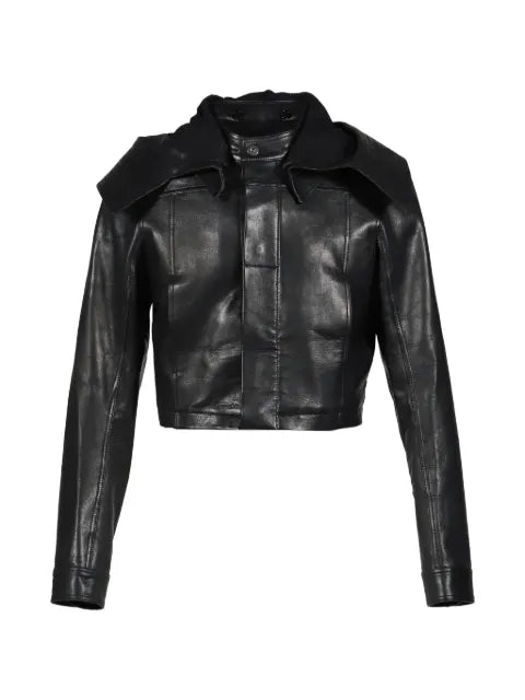 DET BLEV SENT cropped hooded leather jacket