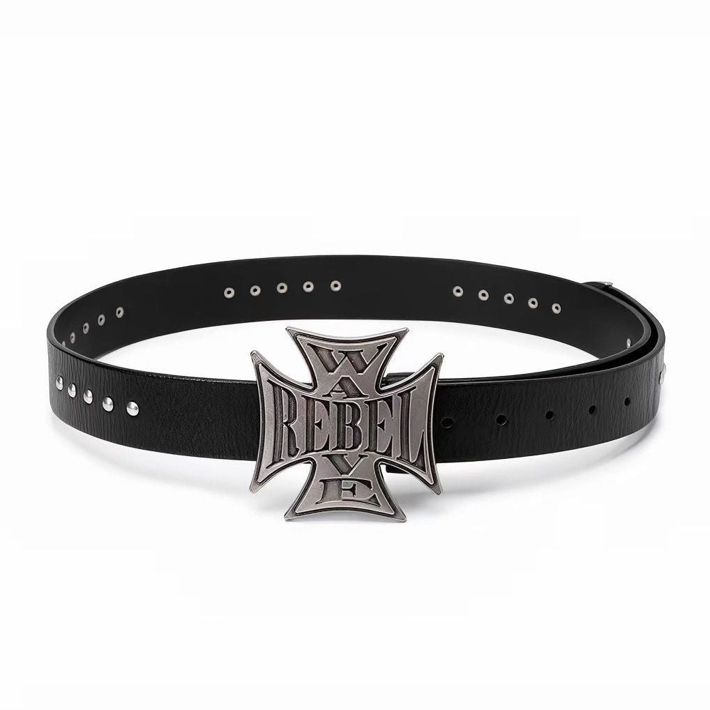 REBEL WAVE 26ss Cross Studded Leather Belt Punk Vintage Cowhide Waist