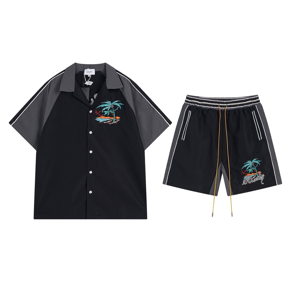 Rhude T-shirt Coconut Alphabet Beach Embroidery Short Sleeve Shirt Shorts