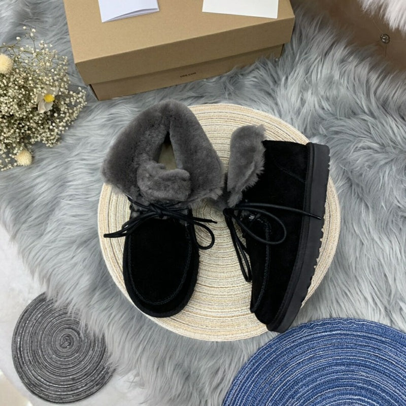 Black Fluffy Cuff Lace-Up Ankle Boots — New Arrival | In Stock