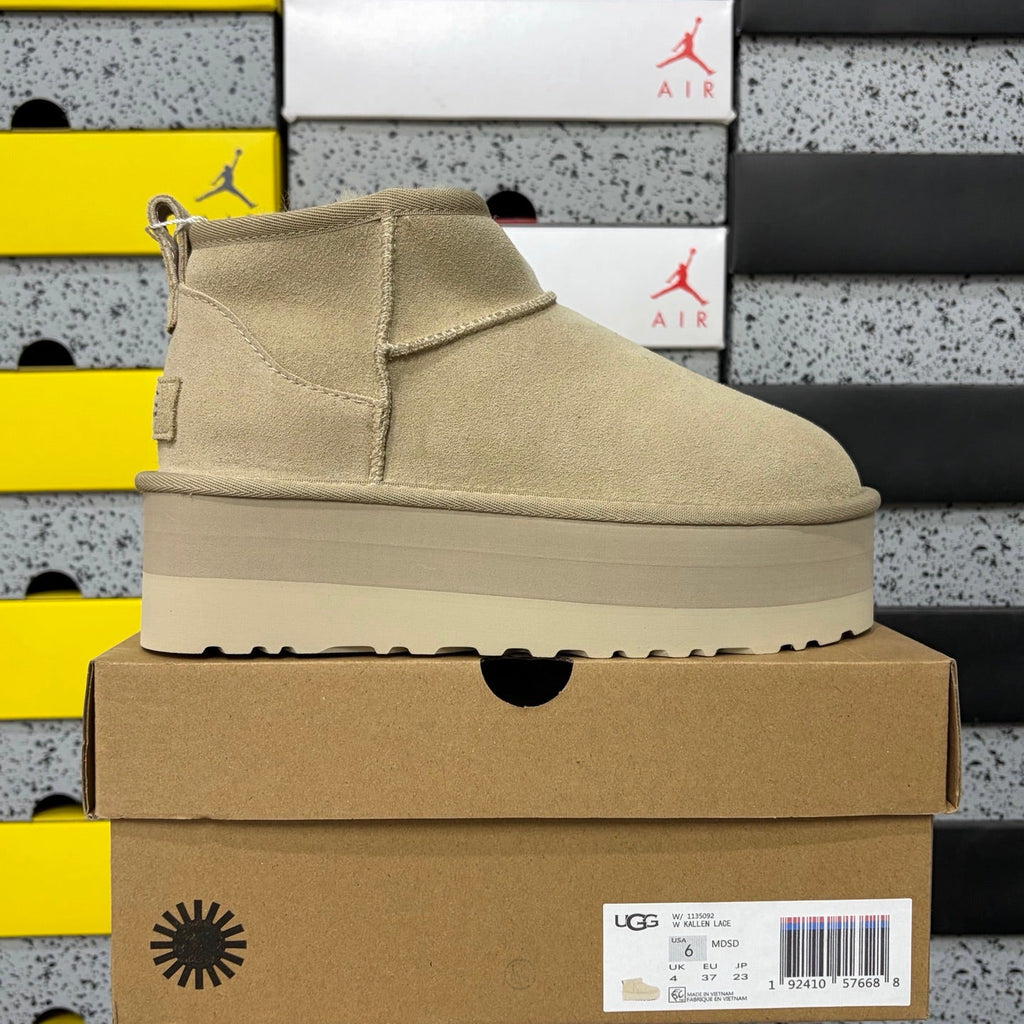 UGG Classic Ultra Mini Platform Boot – Suede Ankle Boot with Shearling Lining, Cross-Strap Lace Closure & Chunky Tonal SugarSole Platform in Sand
