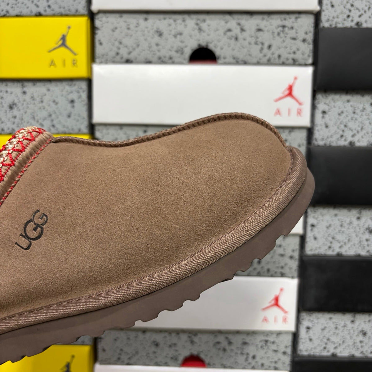 UGG Tasman Slip-On Slipper – Suede Moccasin with Shearling Lining, Red & Gold Woven Collar & Mocha Lug Sole in Camel