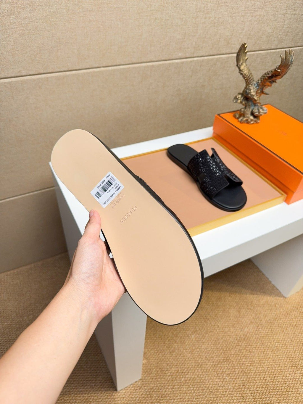 Hermès Black Textured H Slide Sandals - Beige Outsole