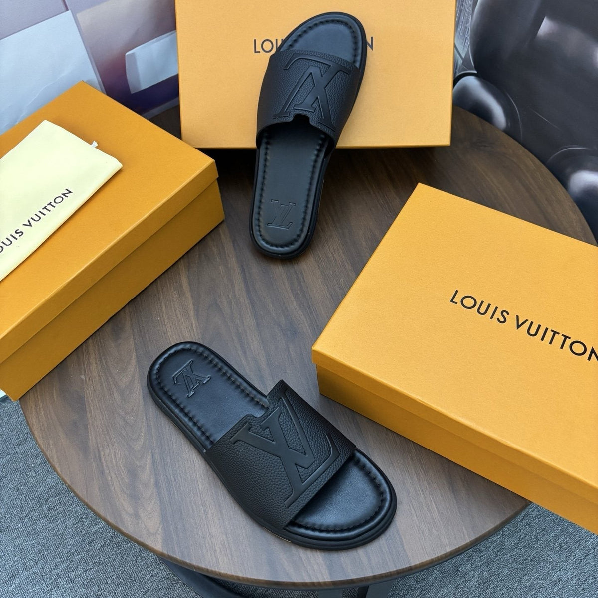 Men's Black Embossed Slide Sandals