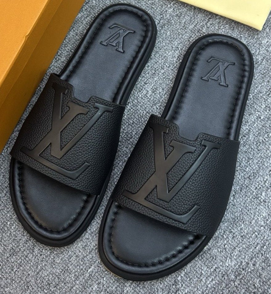 Men's Black Embossed Slide Sandals