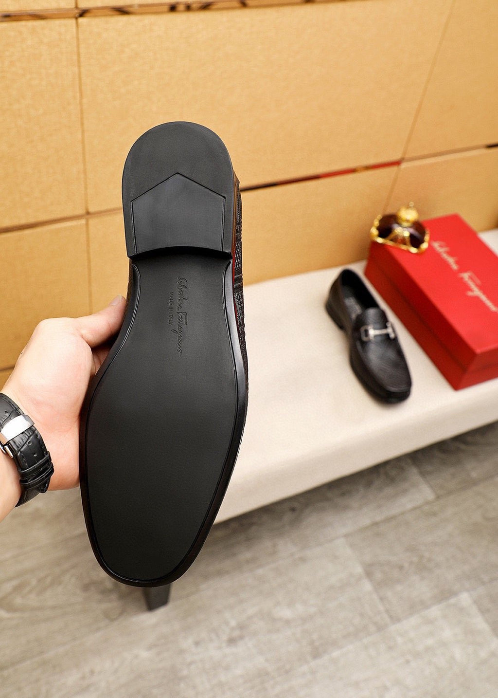 Ferragamo Black Embossed Buckle Loafers - Rubber Sole