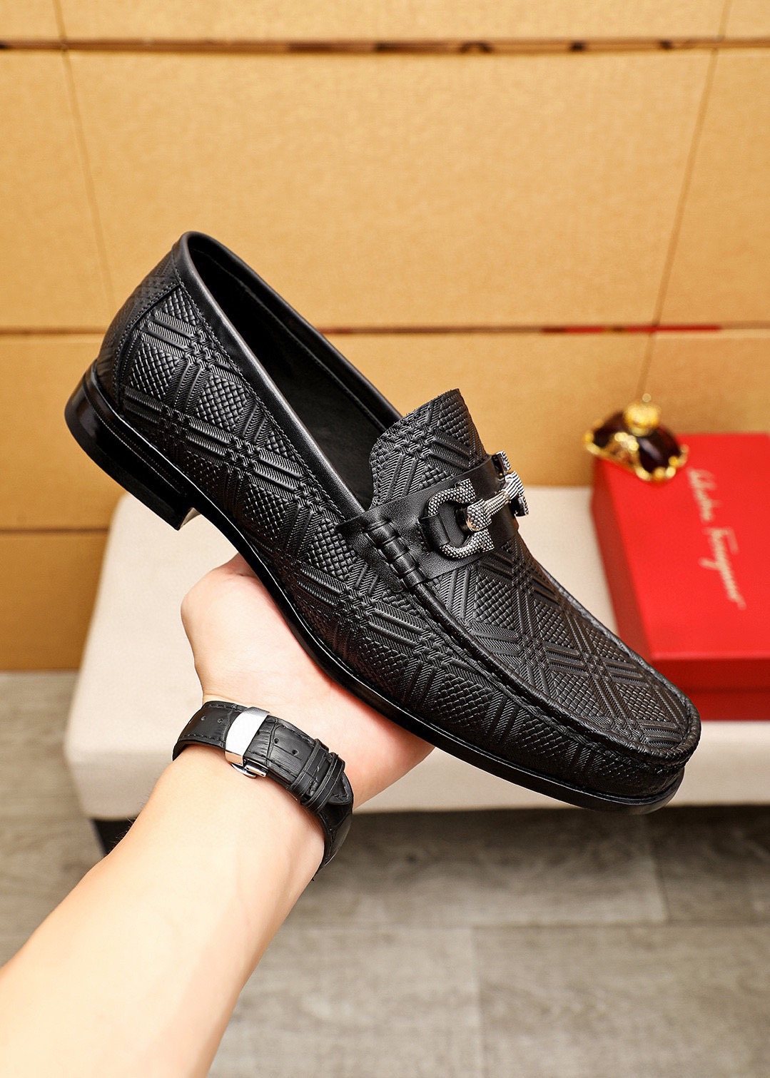 Ferragamo Black Embossed Buckle Loafers - Rubber Sole