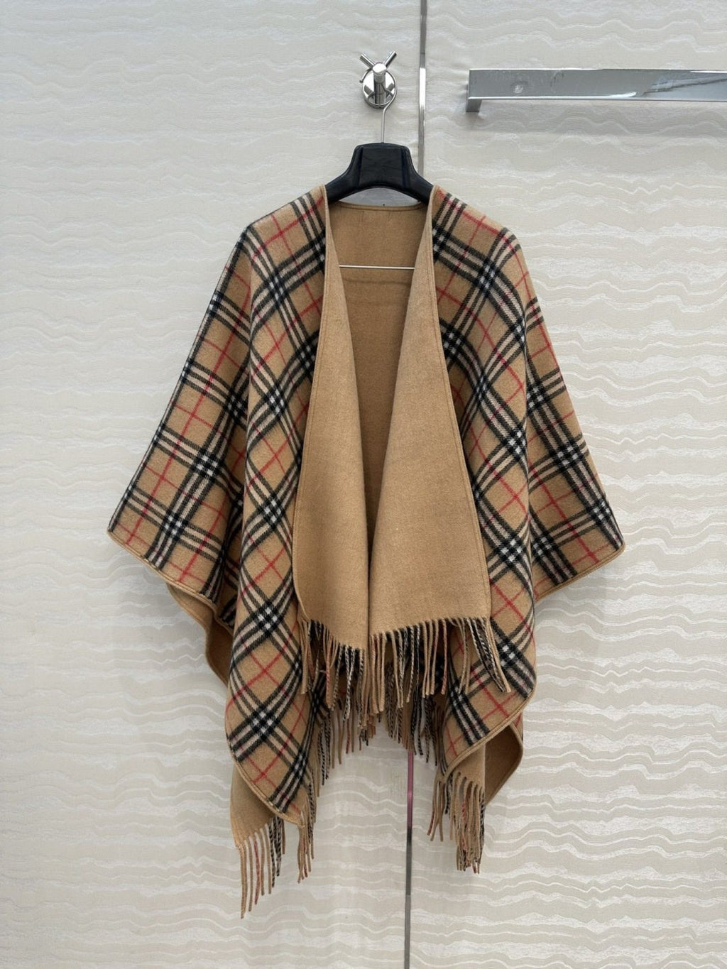 Burberry Fringed Plaid-Panel Poncho