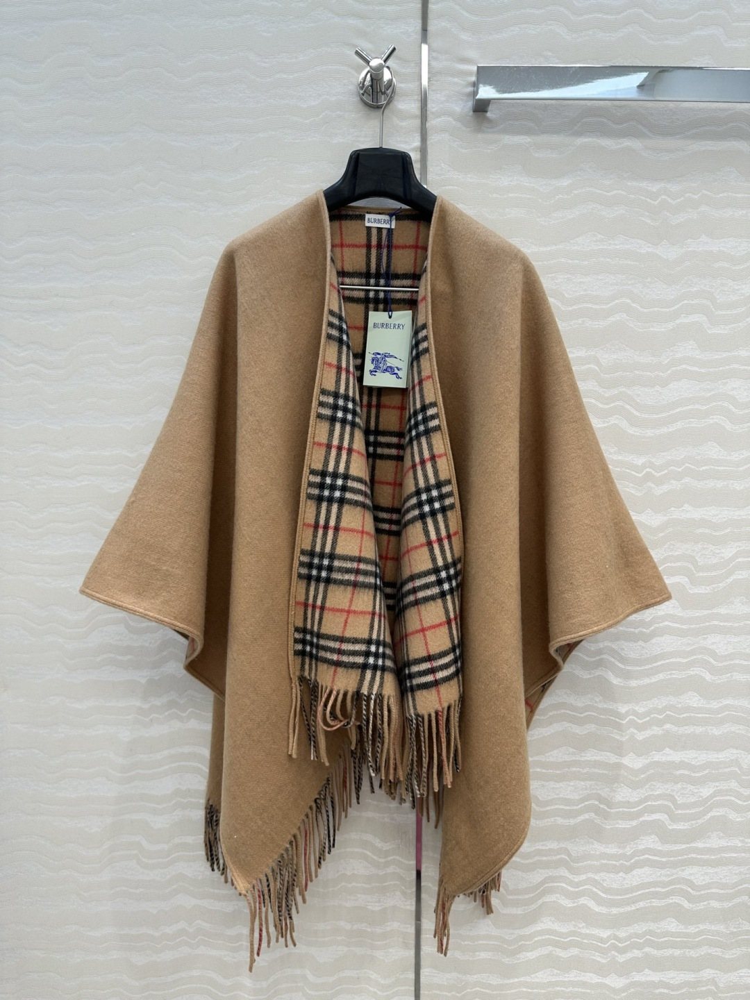 Burberry Fringed Plaid-Panel Poncho