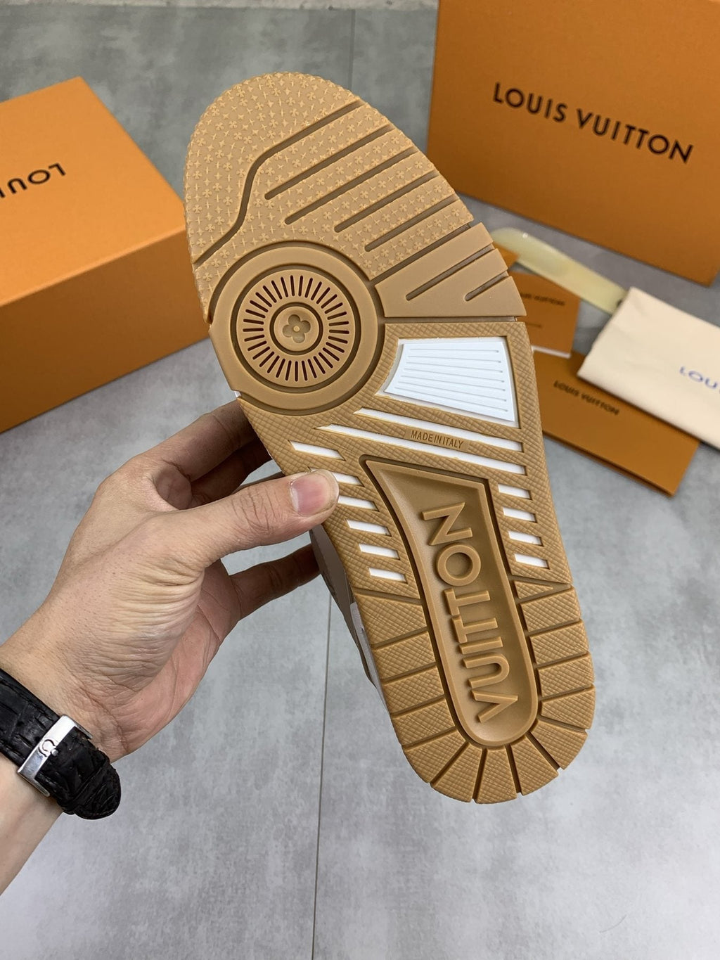 Louis Vuitton Beige, White & Gold Low-Top Sneakers