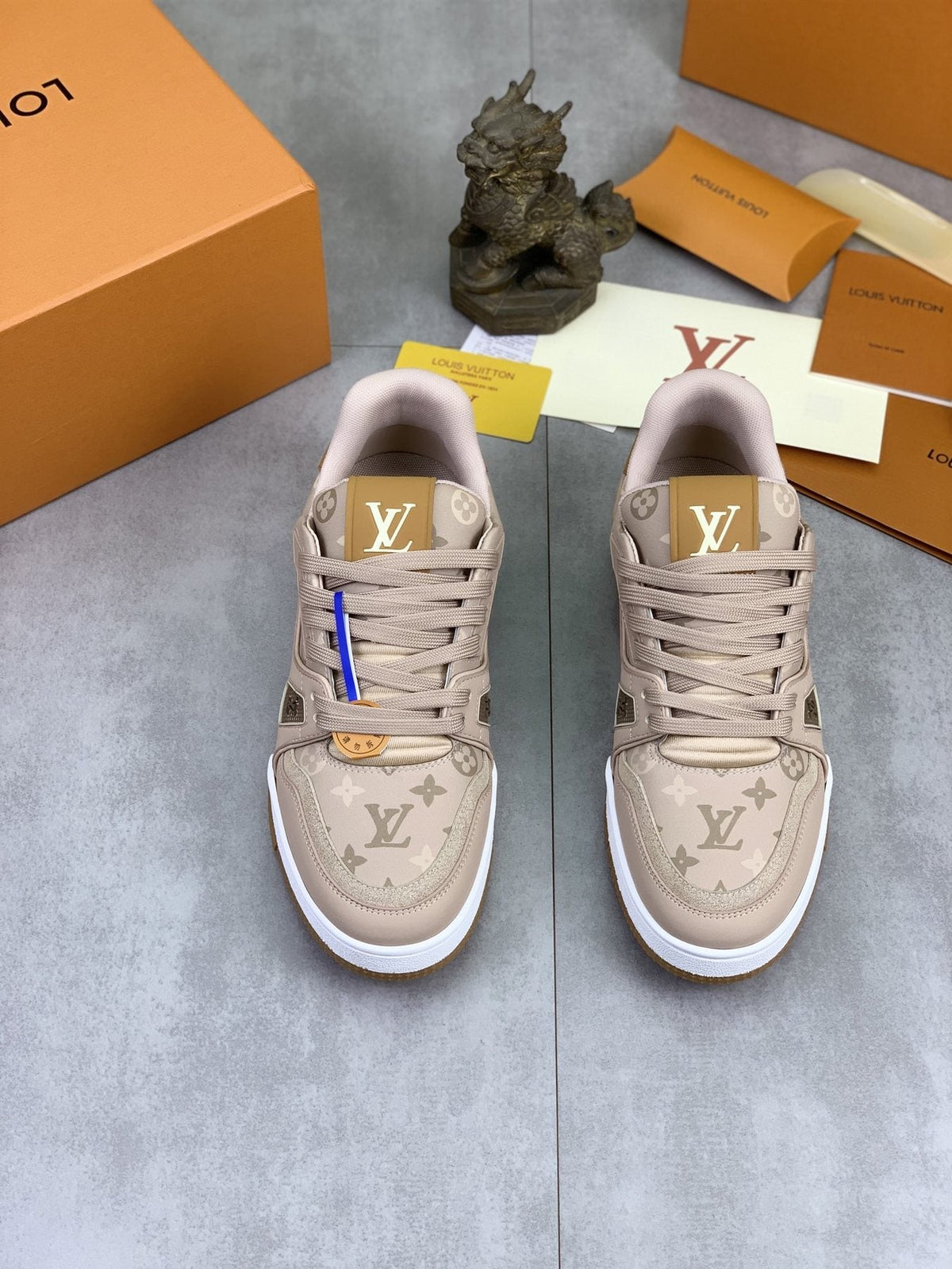 Louis Vuitton Beige, White & Gold Low-Top Sneakers